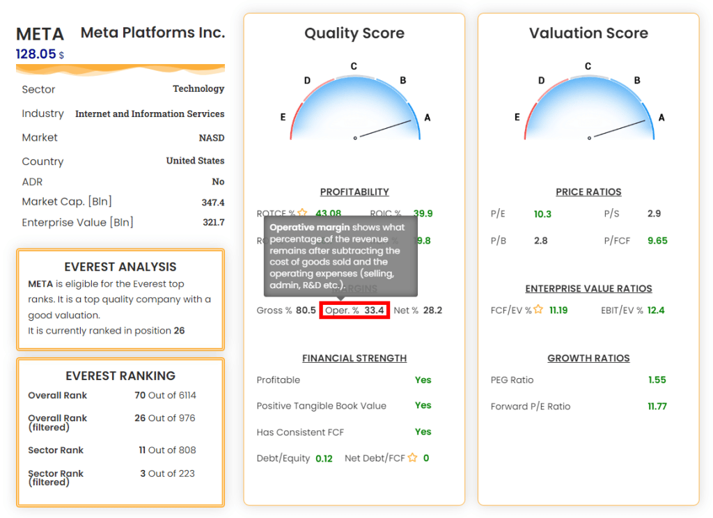 Operative margins shown in the Everest Analyzer. Margin is one of the most important metrics to understand which stocks to avoid